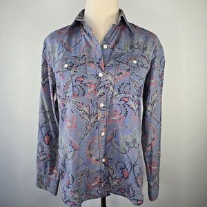 LRL Lauren Ralph Lauren Cotton Chambray Paisley Button Down Shirt Size M Petite